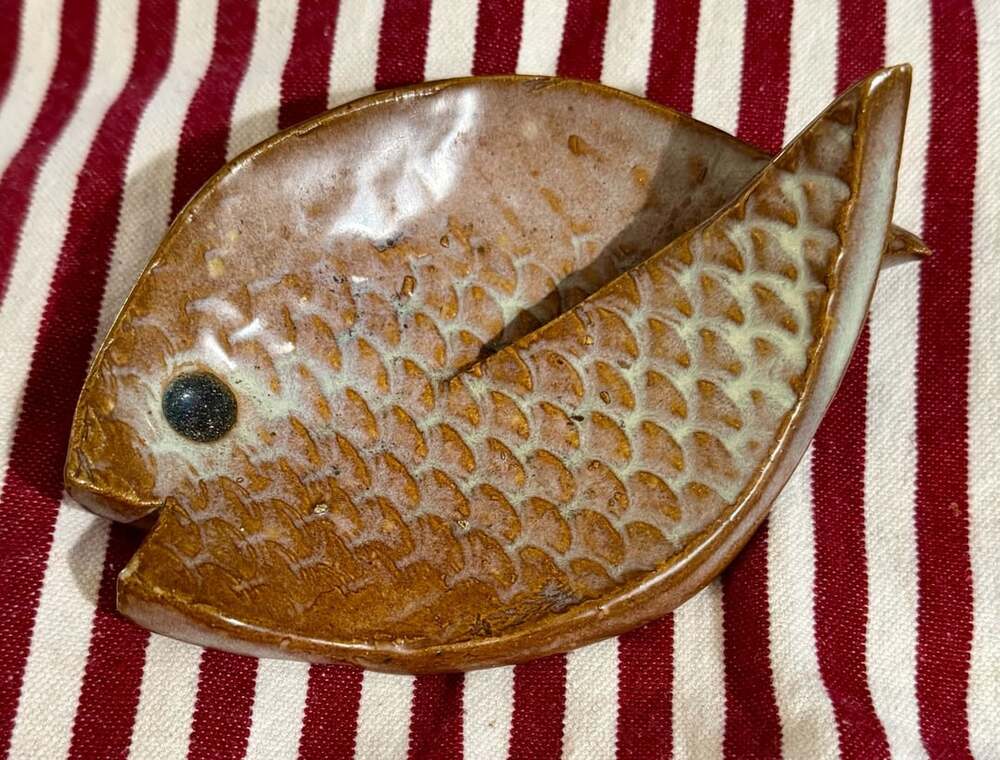 Vintage Handcrafted Ceramic Brown Glazed Fish Dish Plate